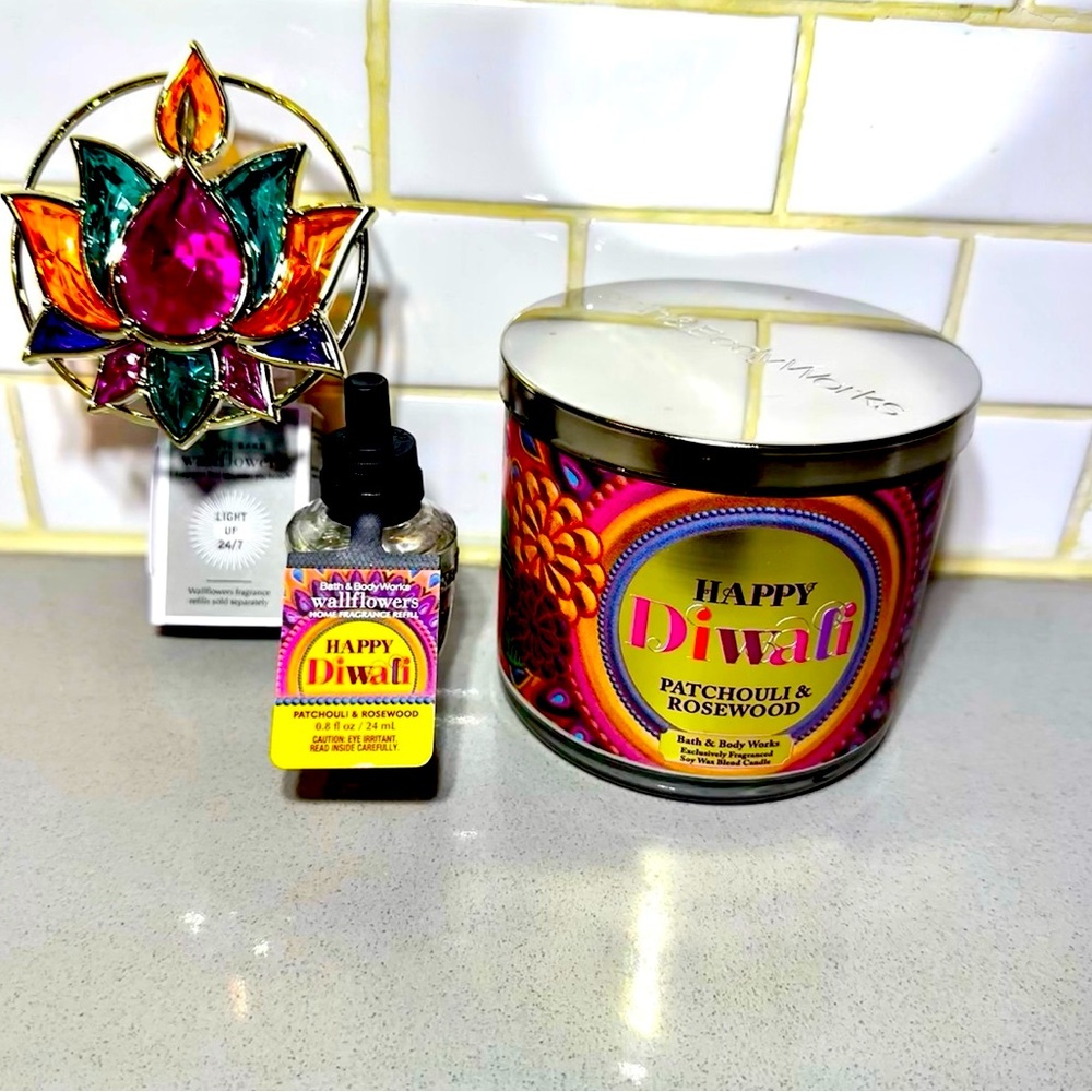 BBW Bath And Body Works Diwali Candle, Wallflower Plug & Wallflower Bulb